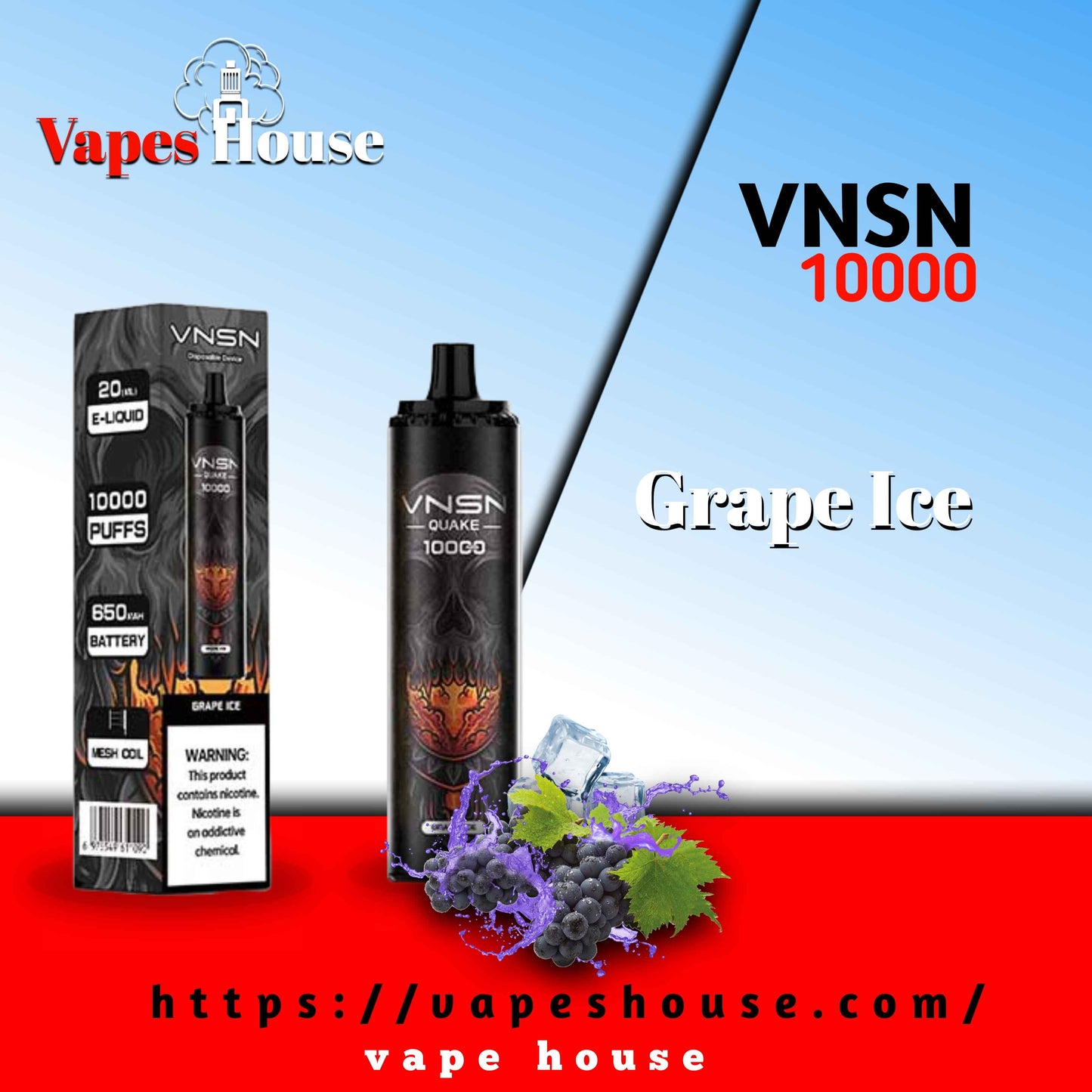 VNSN QUAKE 10000 PUFFS GRAPE ICE DISPOSABLE VAPE